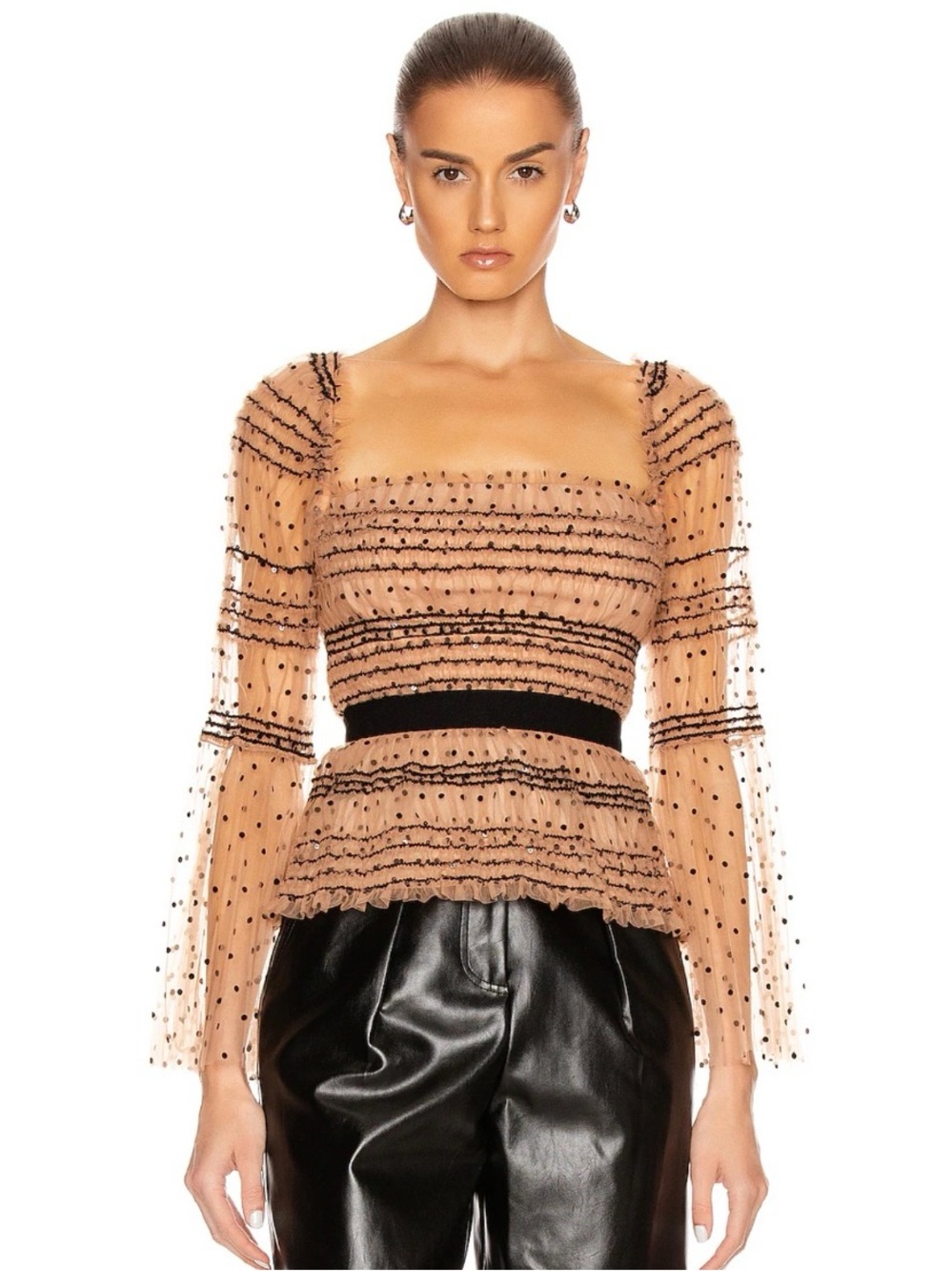 Self-Portrait Shirred Polka Dot Sequin Mesh Top Nude Black US 6